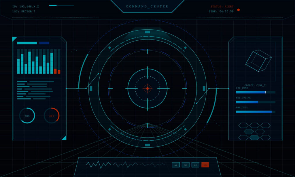 futuristic command center interface displays various data metrics and target visuals