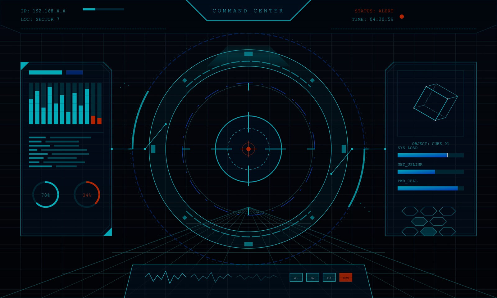 futuristic command center interface displays various data metrics and target visuals
