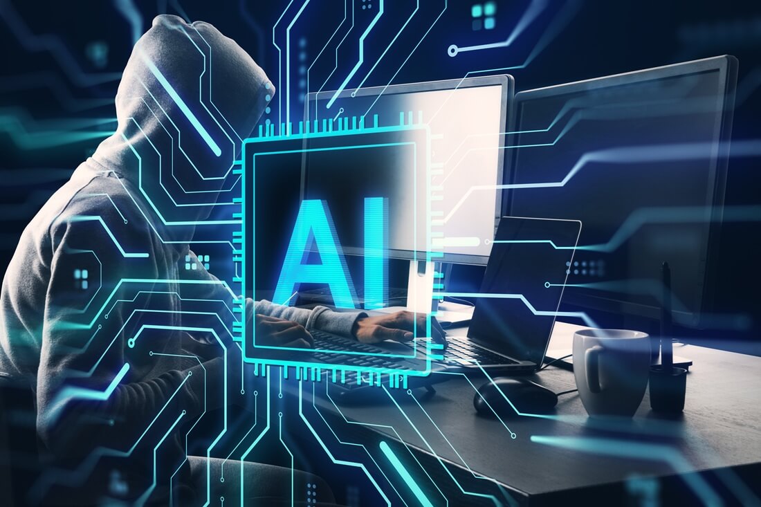 hacker using computer with AI interface overlay in dark room representing cybercrime and artificial intelligence threat concept in technology