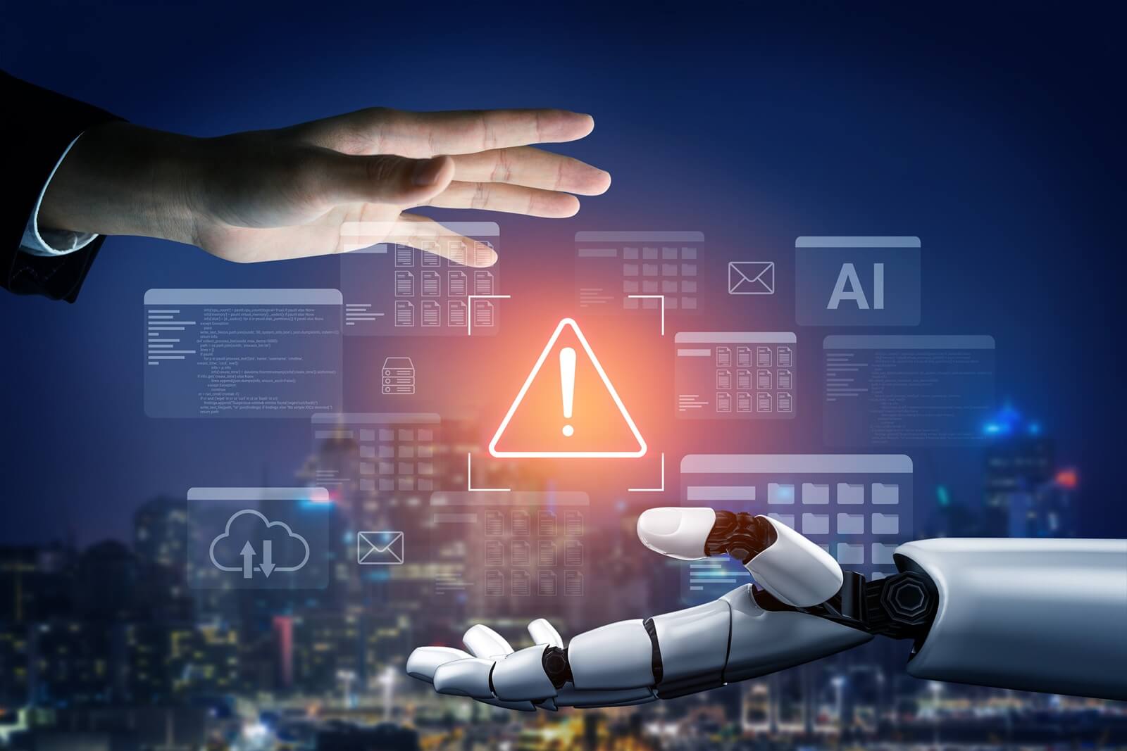 human hand reaches toward a robotic hand, featuring a caution sign in a digital urban backdrop