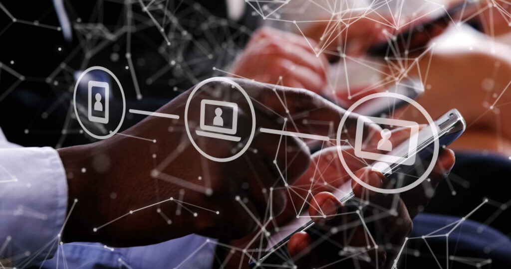 image of connections with icons, data processing over business people using smartphones