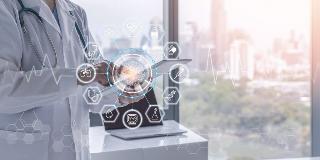 medical health tech science ai technology, innovative iot global healthcare with doctor on telehealth