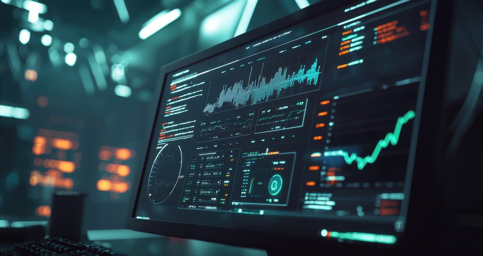 modern computer screen shows intricate data visualizations and analytics inside a dark room