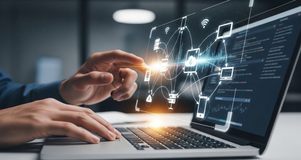 person using a laptop with a digital network visualization and data analysis on the screen