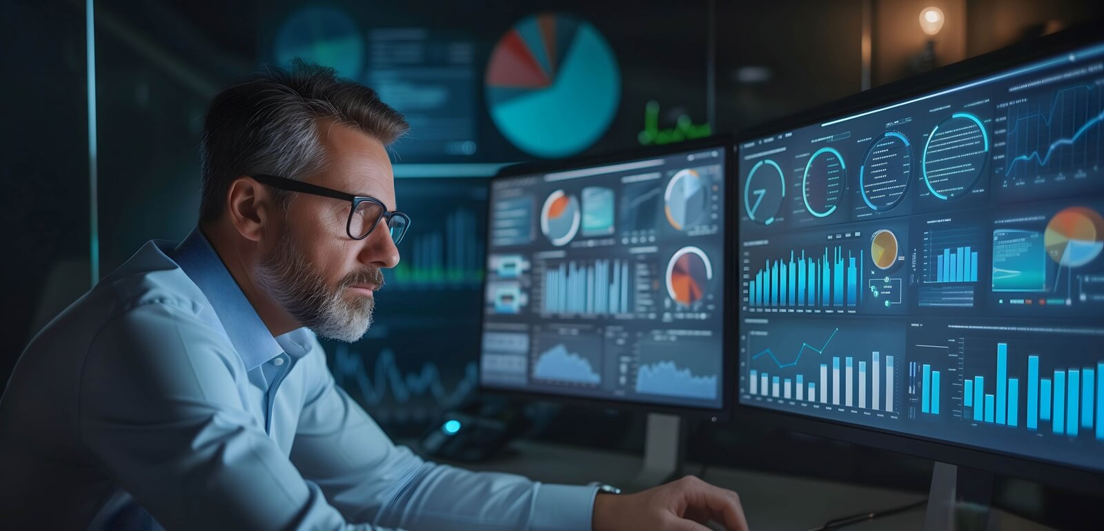 portrait of businessman analysis and research financial dashboard on monitor, business and investment growth plan