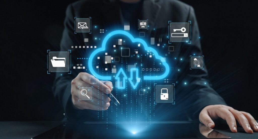professional using a tablet to illustrate cloud computing concepts, featuring icons representing data transfer, security