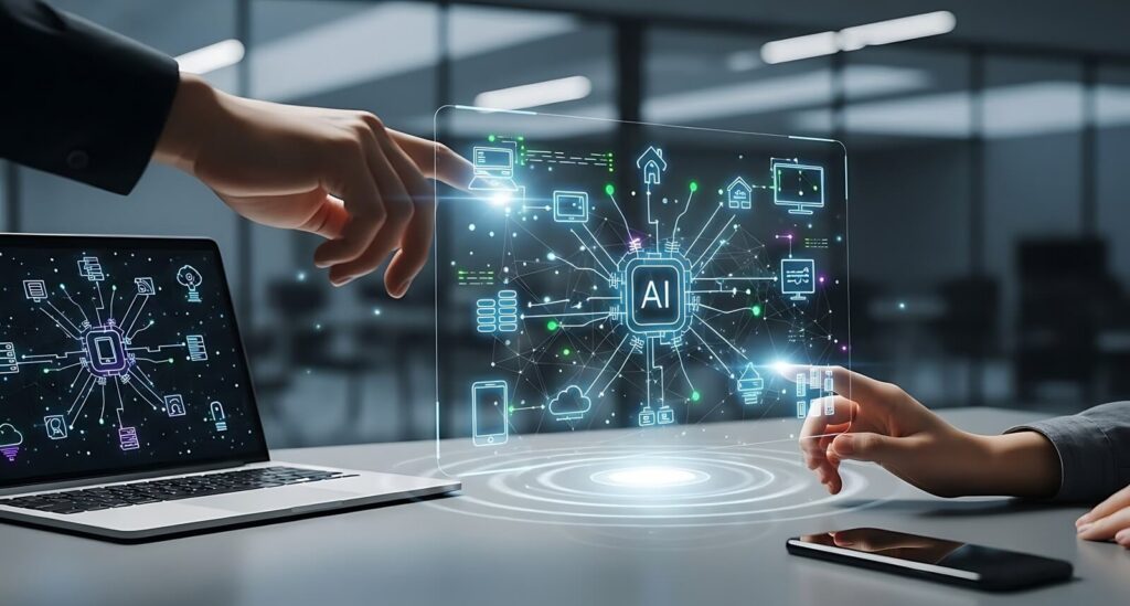 professionals collaborating on digital transformation using artificial intelligence and data analytics for innovation and business strategy in modern office