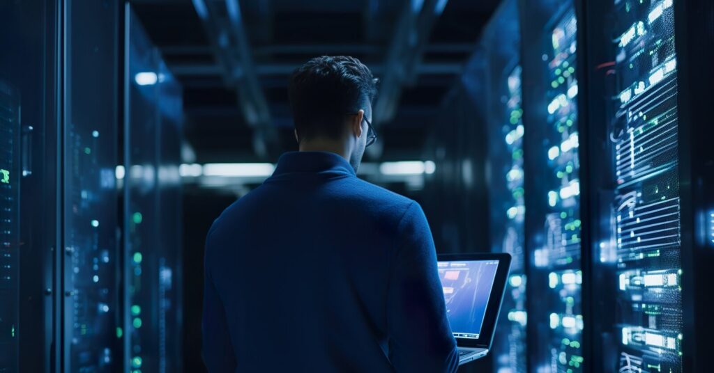 rear view of young businessman using laptop while standing in server room