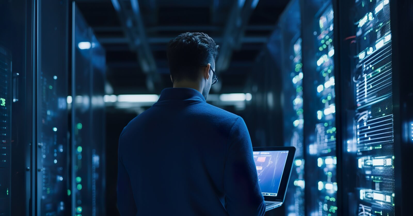 rear view of young businessman using laptop while standing in server room