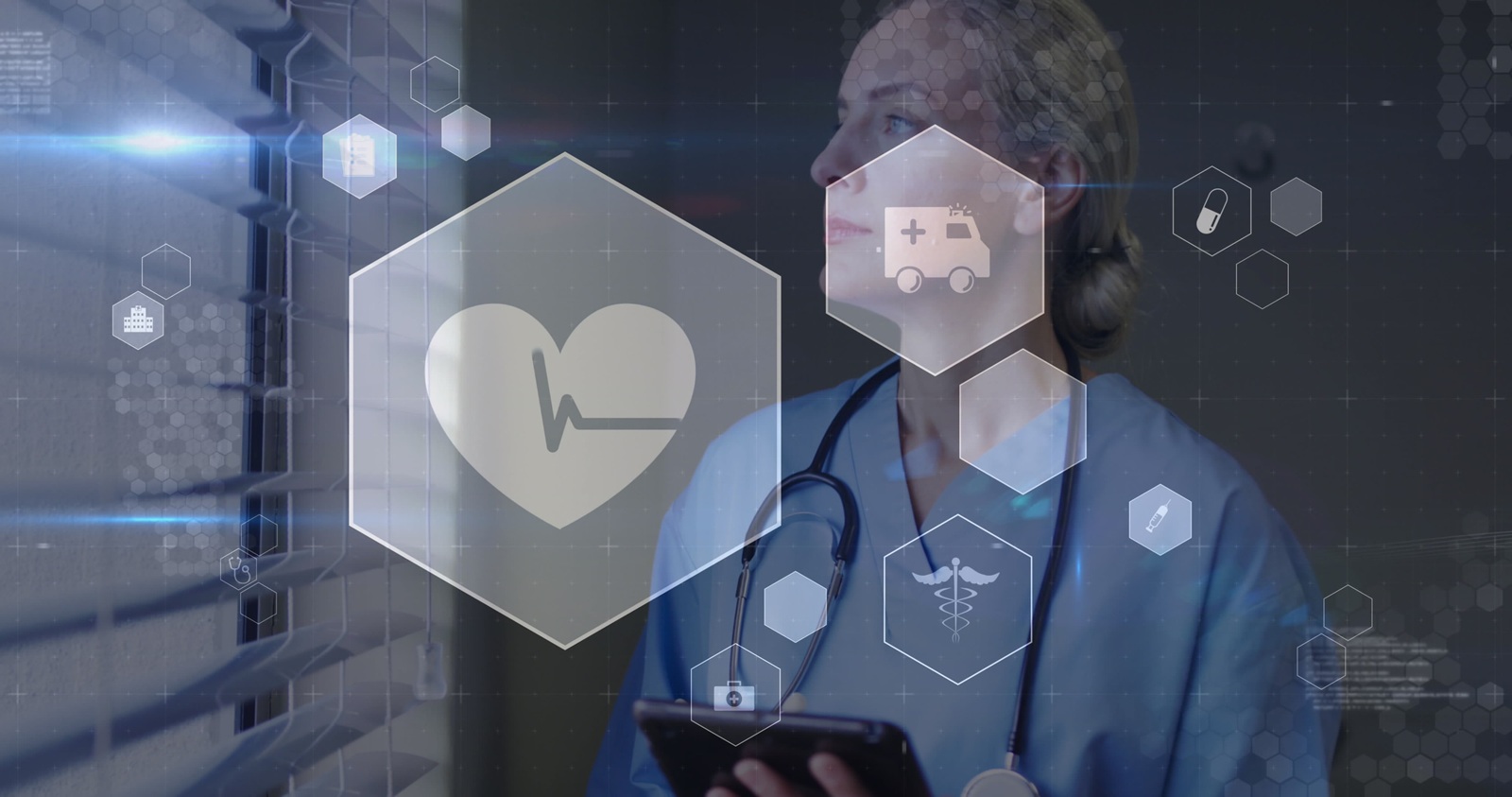 scrub nurse analyzing beside blinds in corridor, with stethoscope and health icons