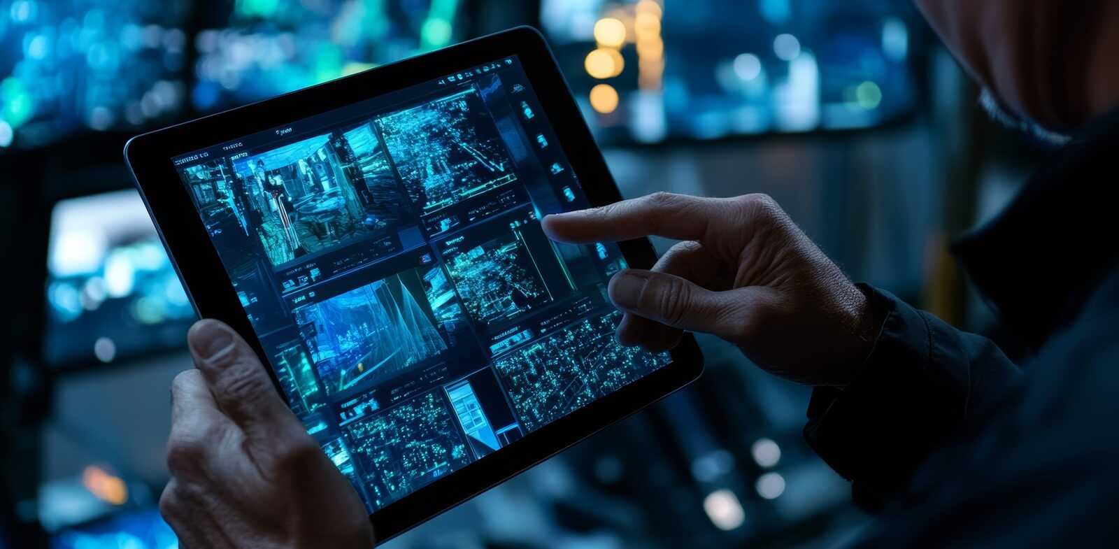 security guard operates ipad displaying multiple camera feeds in a dark blue lit control room