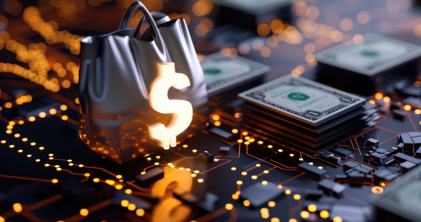 showcases a metallic shopping bag featuring a dollar sign set against a circuit board background