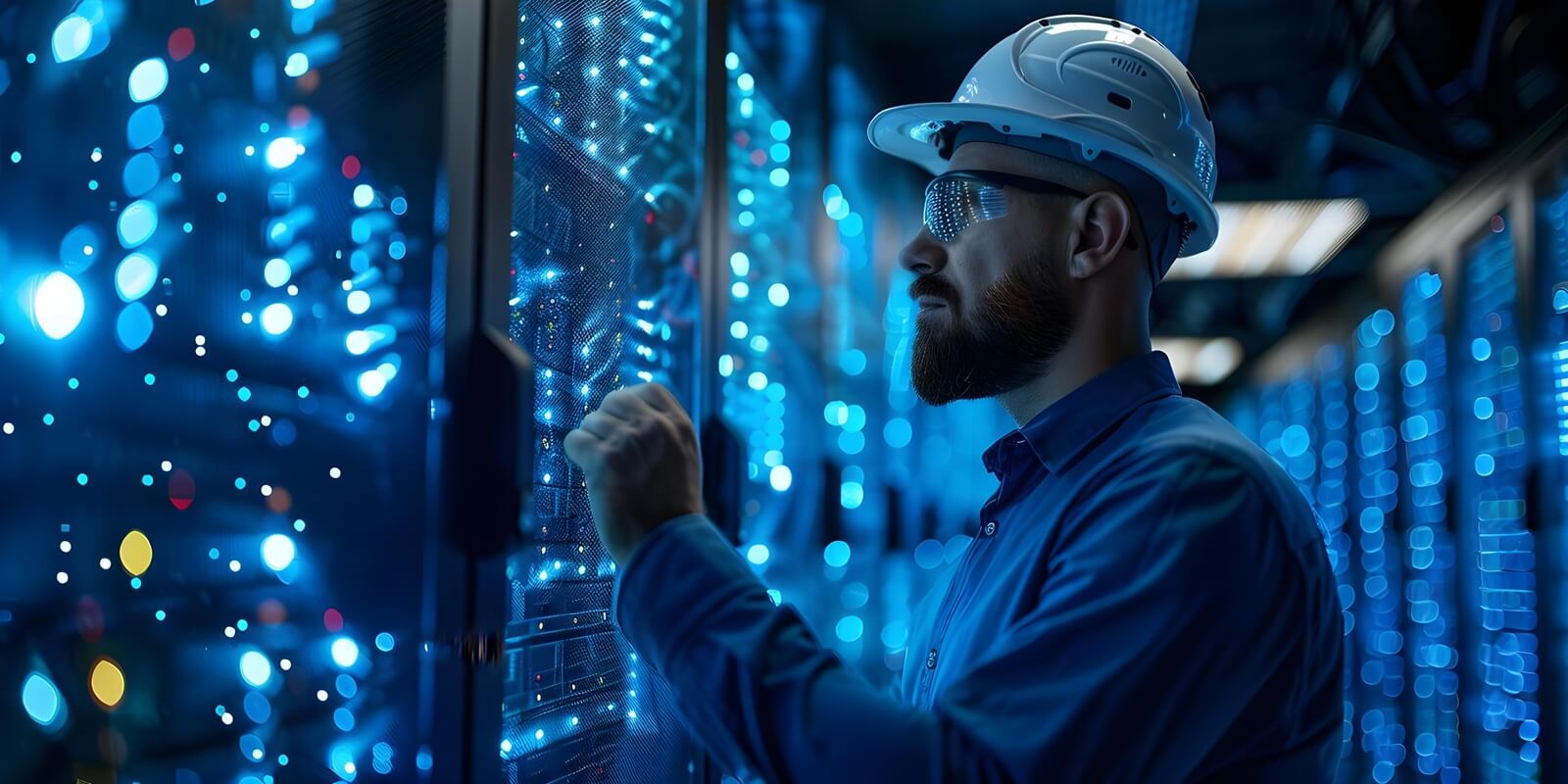 technician diligently maintaining network connectivity and server hardware in a server room