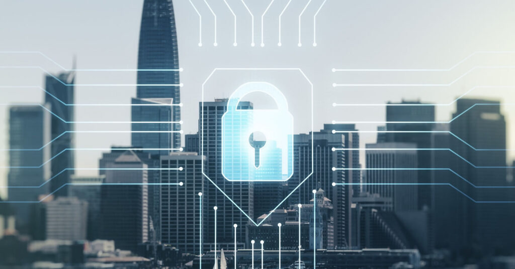 virtual creative lock illustration with microcircuit on San Francisco cityscape background