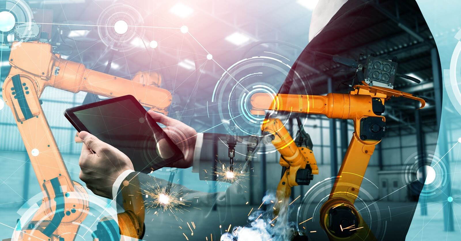 Mechanized industry robot arm and factory worker double exposure