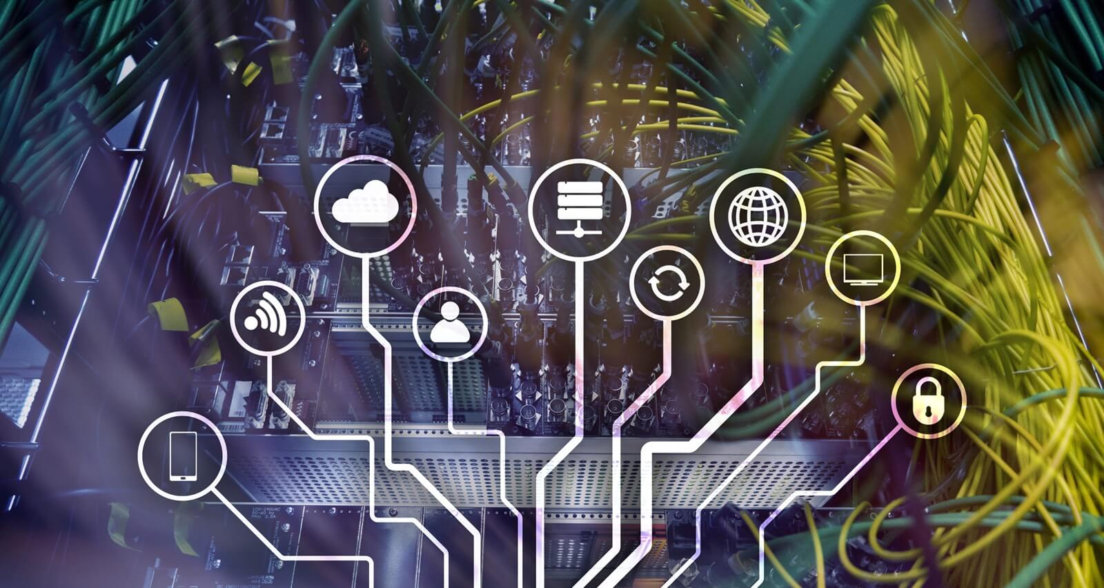 a web of digital symbols emerges from a vibrant data center, illustrating the seamless flow of information and the power of innovation