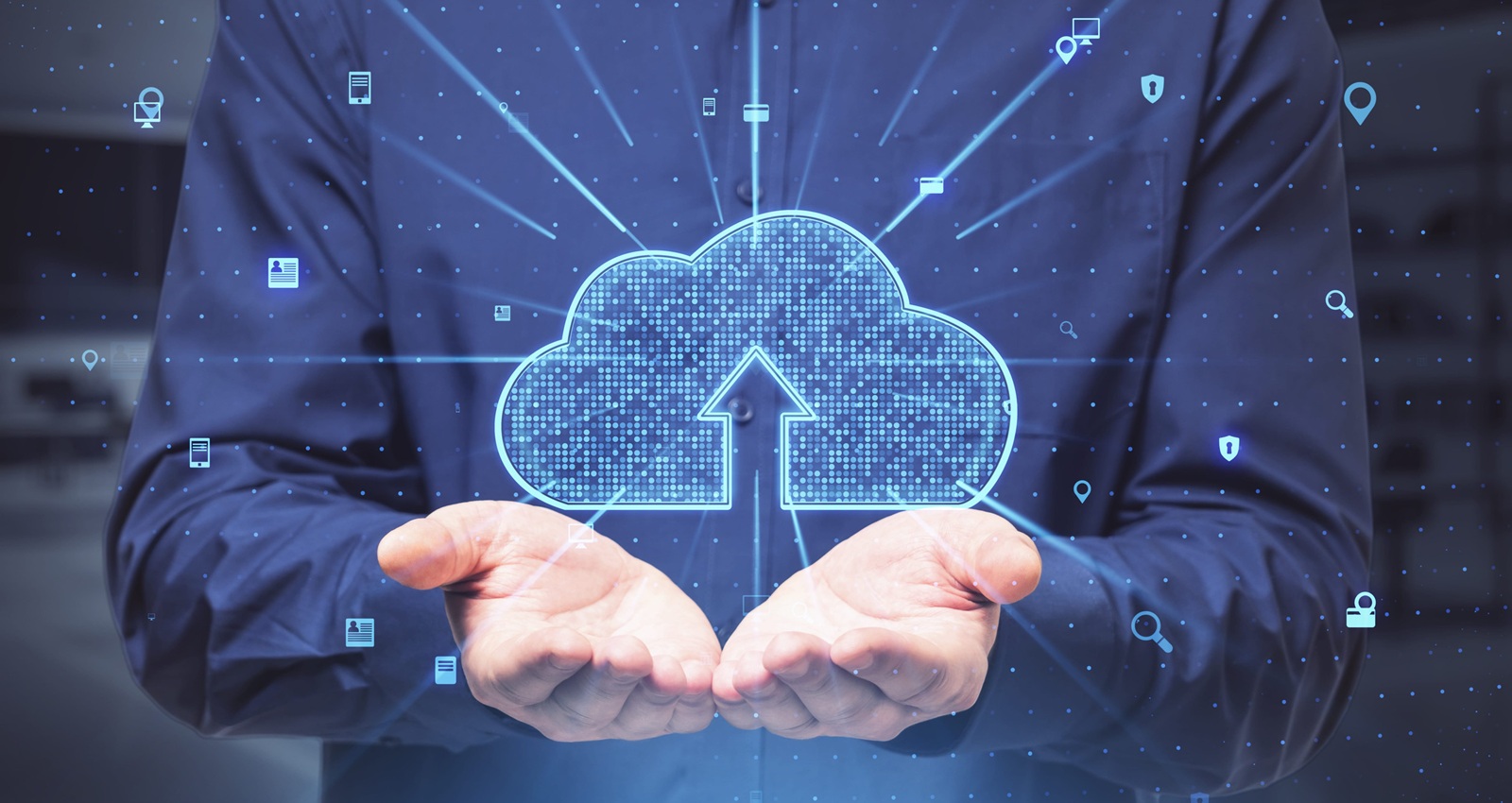 businessman hands holding abstract glowing cloud hologram