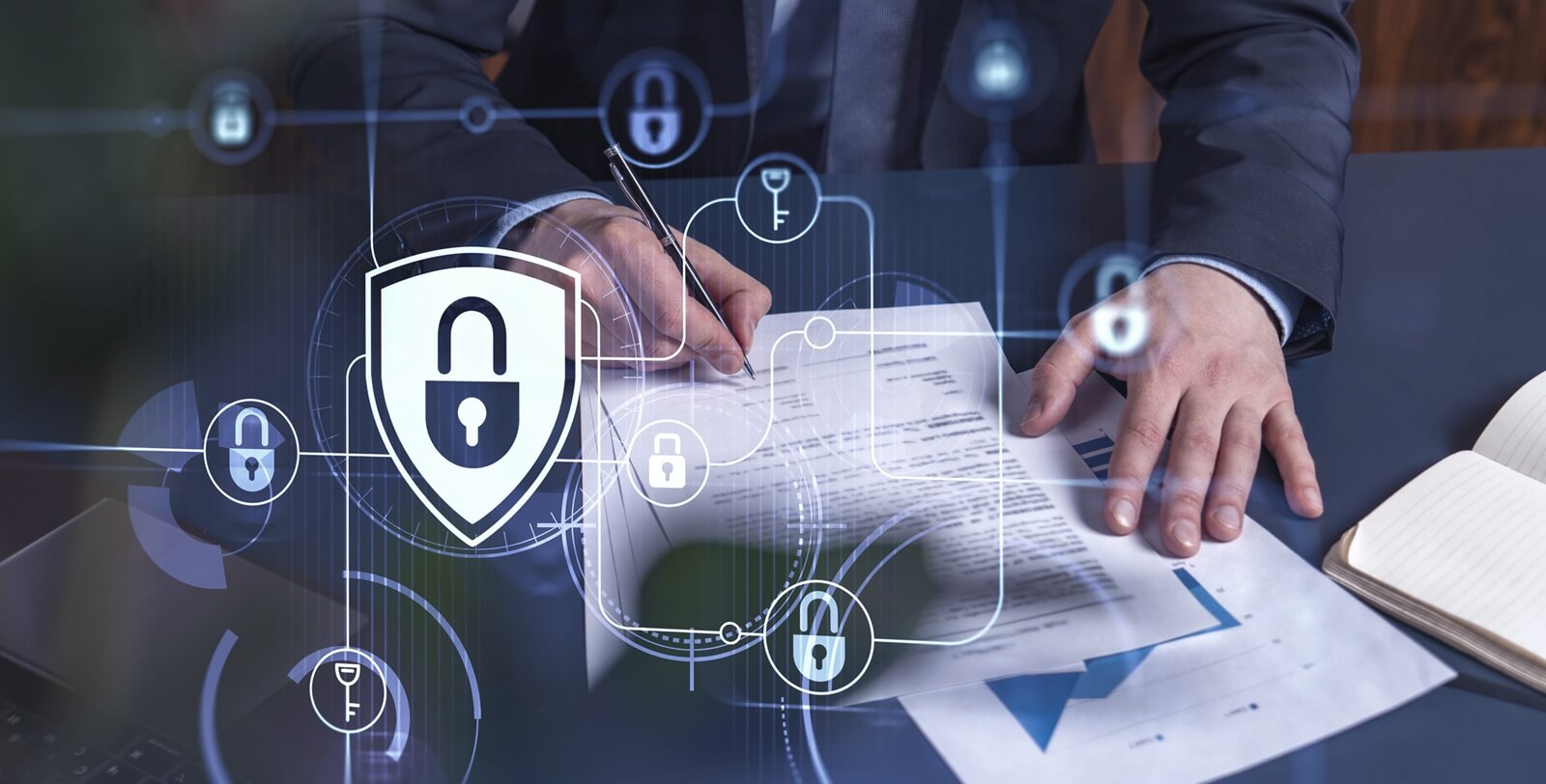 businessman in formal wear signing the contract to prevent probability of risks in cyber security