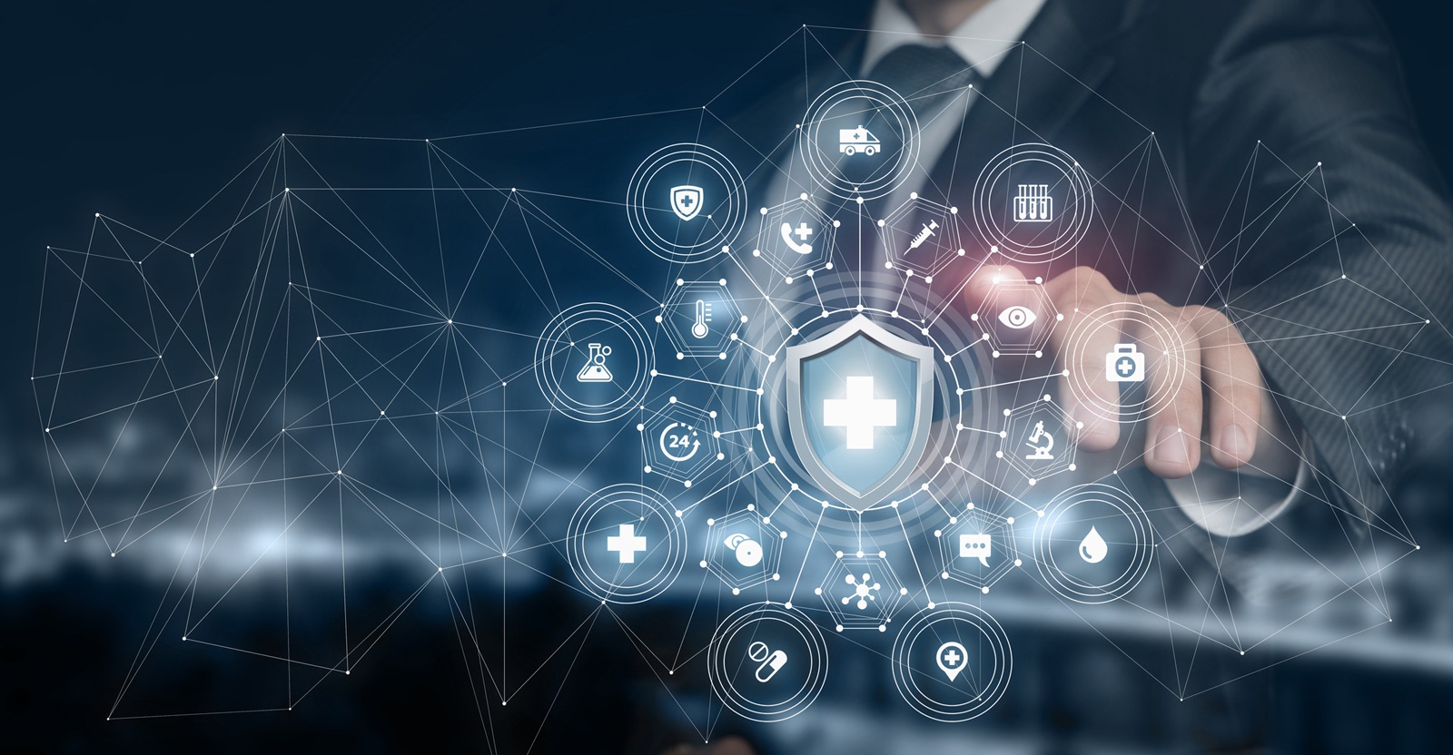 businessman reaches out to interact with a digital interface, showcasing a mosaic of health and technology symbols