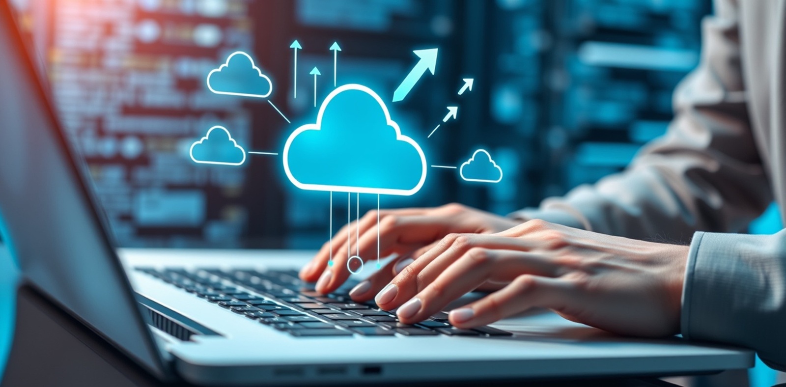 cloud computing concept with woman working on laptop in server room 3D rendering