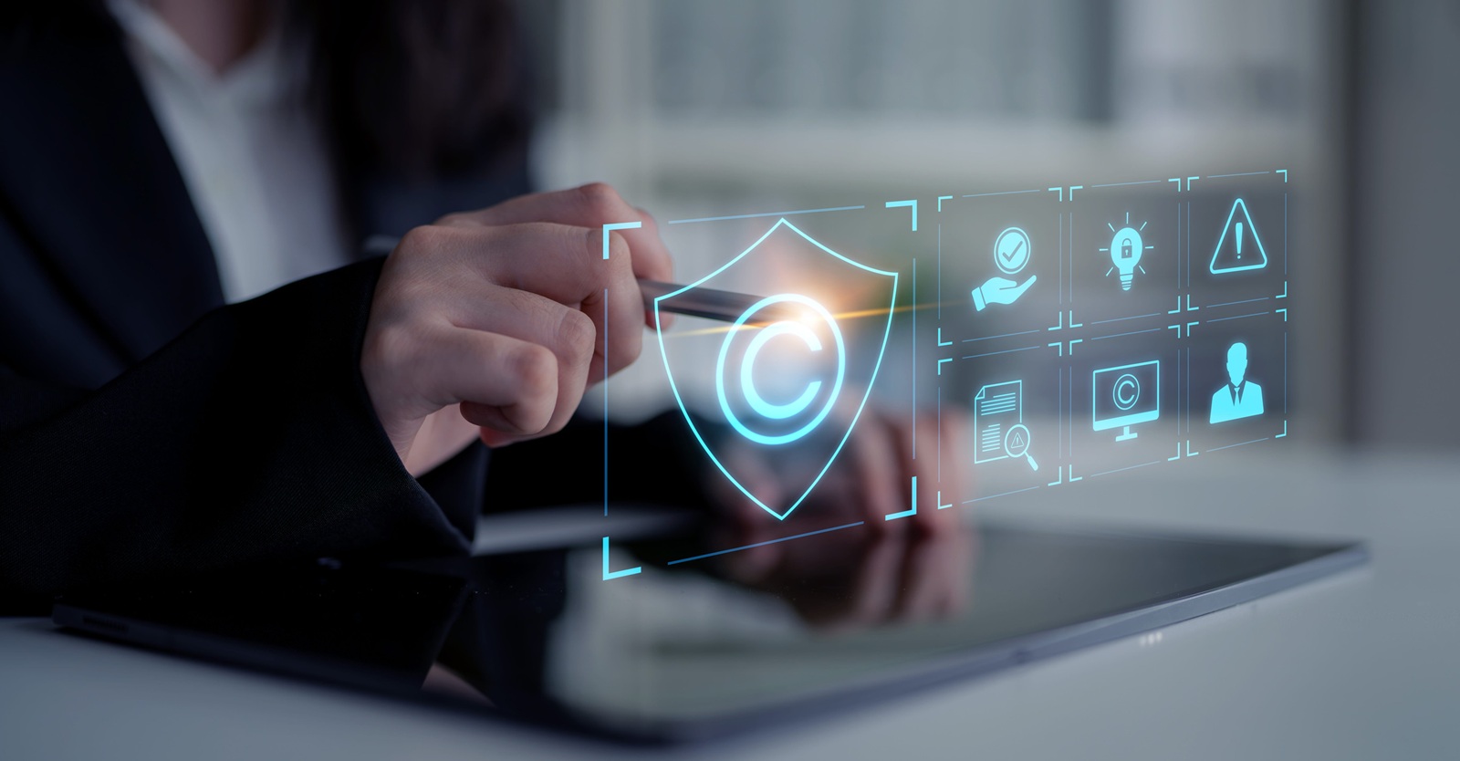 copyright protection system showing secure ownership, intellectual property rights, content verification, and legal warning icons - Cybersecurity Checklist for Small Business