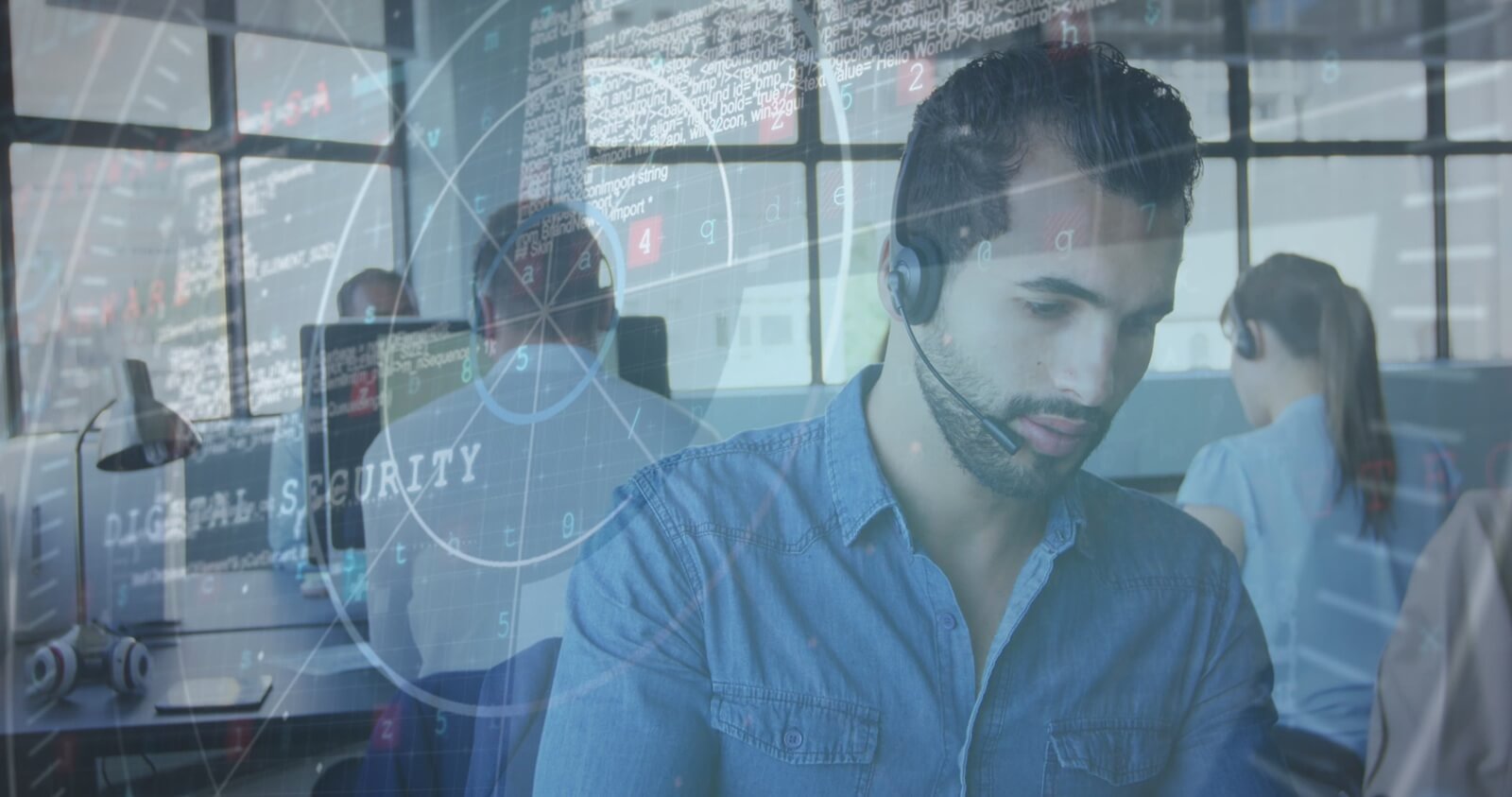 data processing over man wearing phone headset working at office