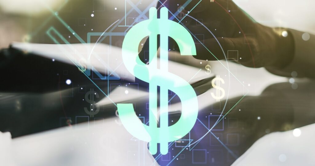 double exposure of creative USD symbols hologram and finger clicks on a digital tablet on background