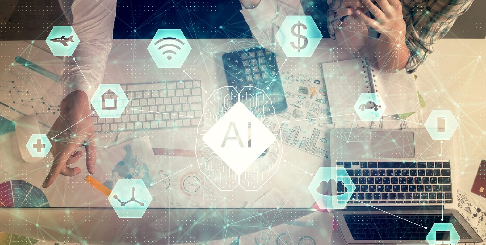 double exposure of man and woman working together and data theme hologram drawing