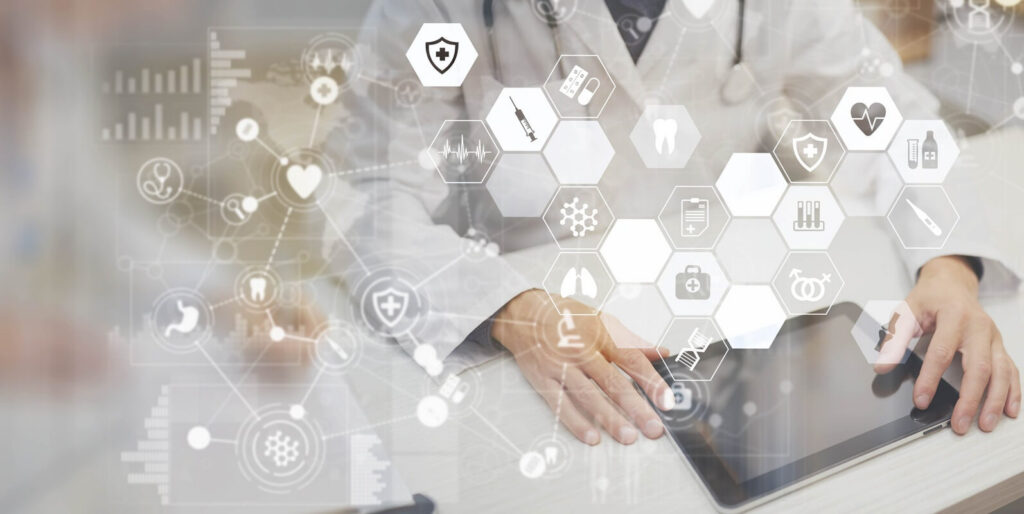 healthcare data management and diagnostics illustrated on a virtual screen