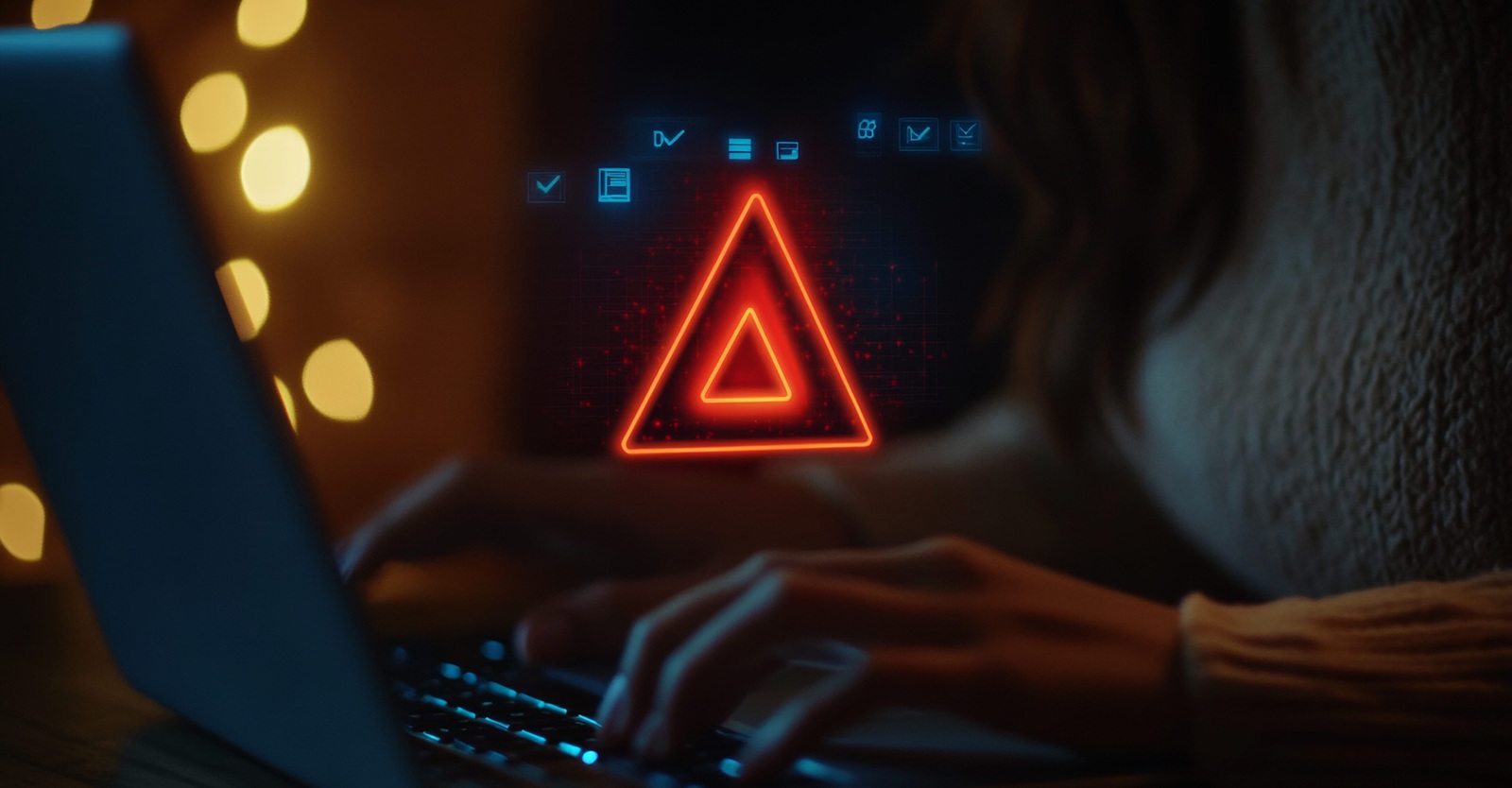 intense late night work session highlighted by holographic cybersecurity alerts on laptop