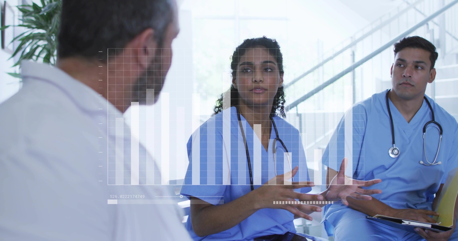 nurse in blue scrubs presenting stats in clinic, with stethoscope and bar chart overlay