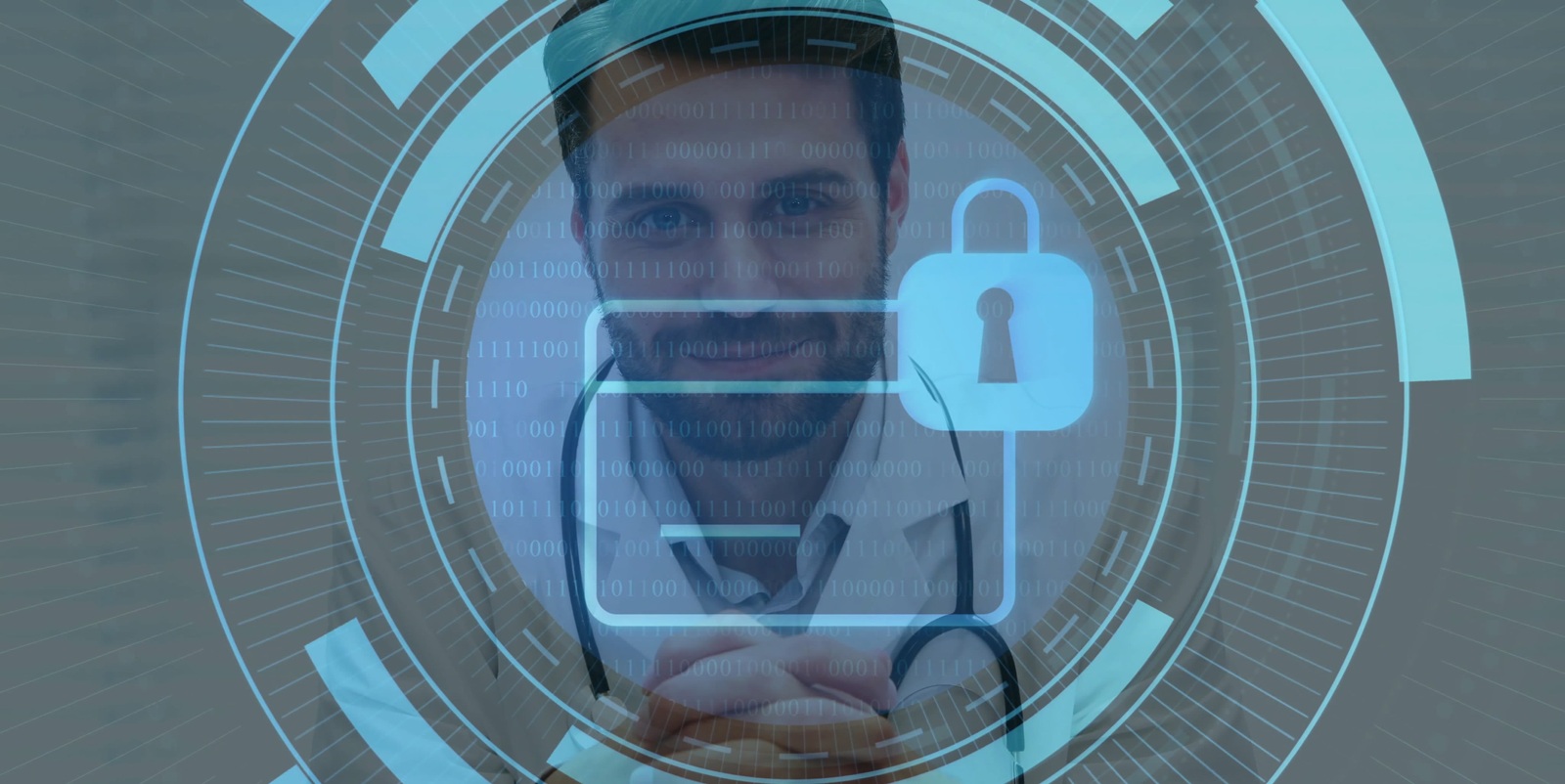 standing male doctor presenting secure records on digital interface in clinic, with padlock icon