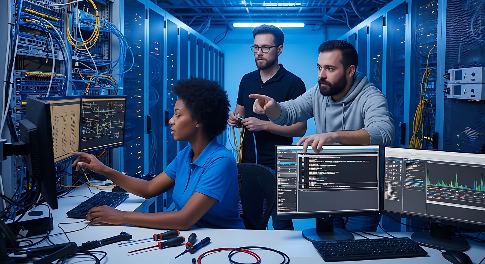 team of software developers working together on computers in server room