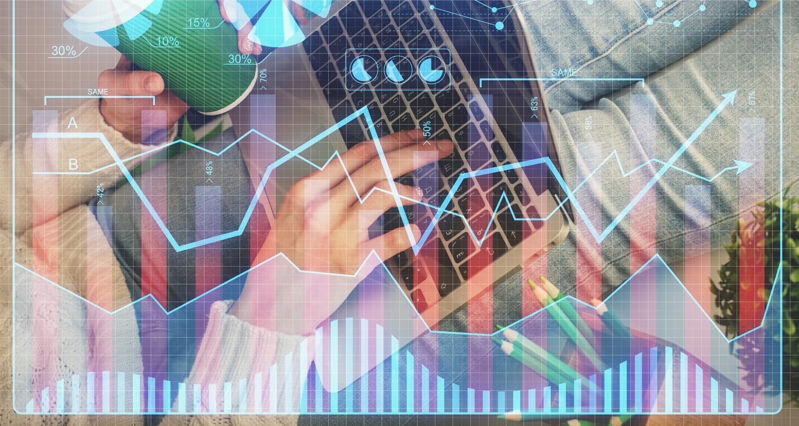 woman hands typing on computer and forex chart hologram drawing