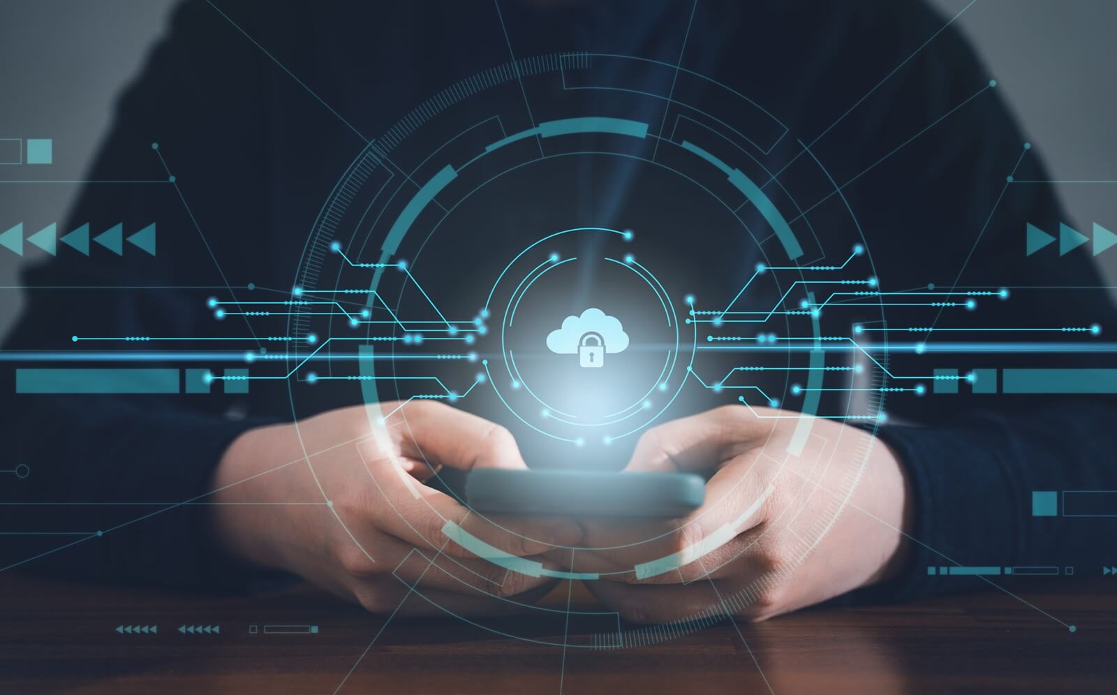 woman using mobile smart phone technology with data security and internet connection design concept