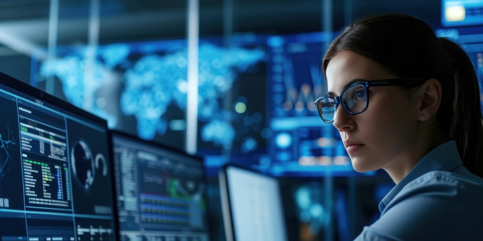 young woman programmer surrounded by computer monitors in the office for operation
