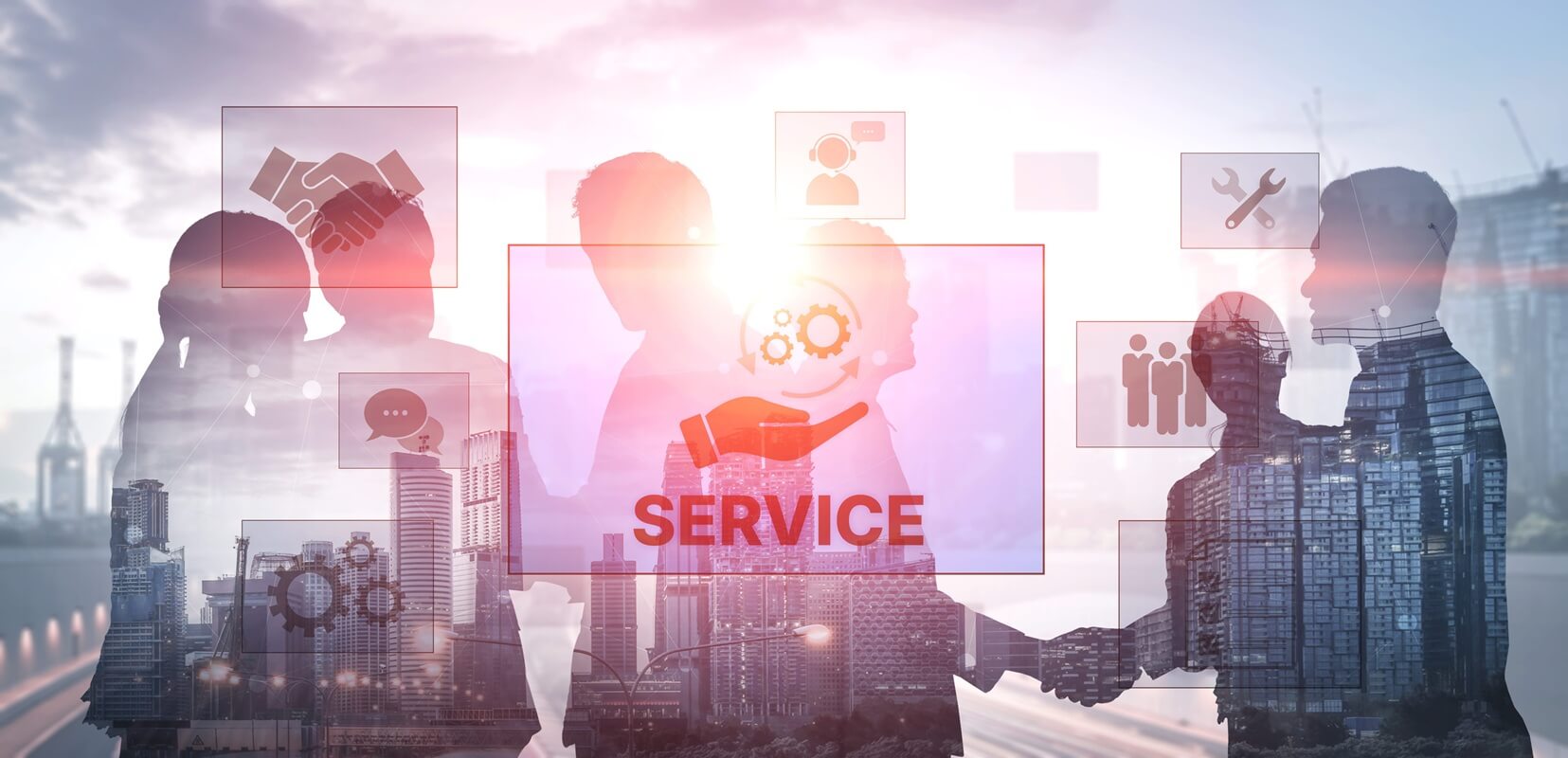 Customer service and support workflow with cooperation, communication, maintenance, and checklist icons