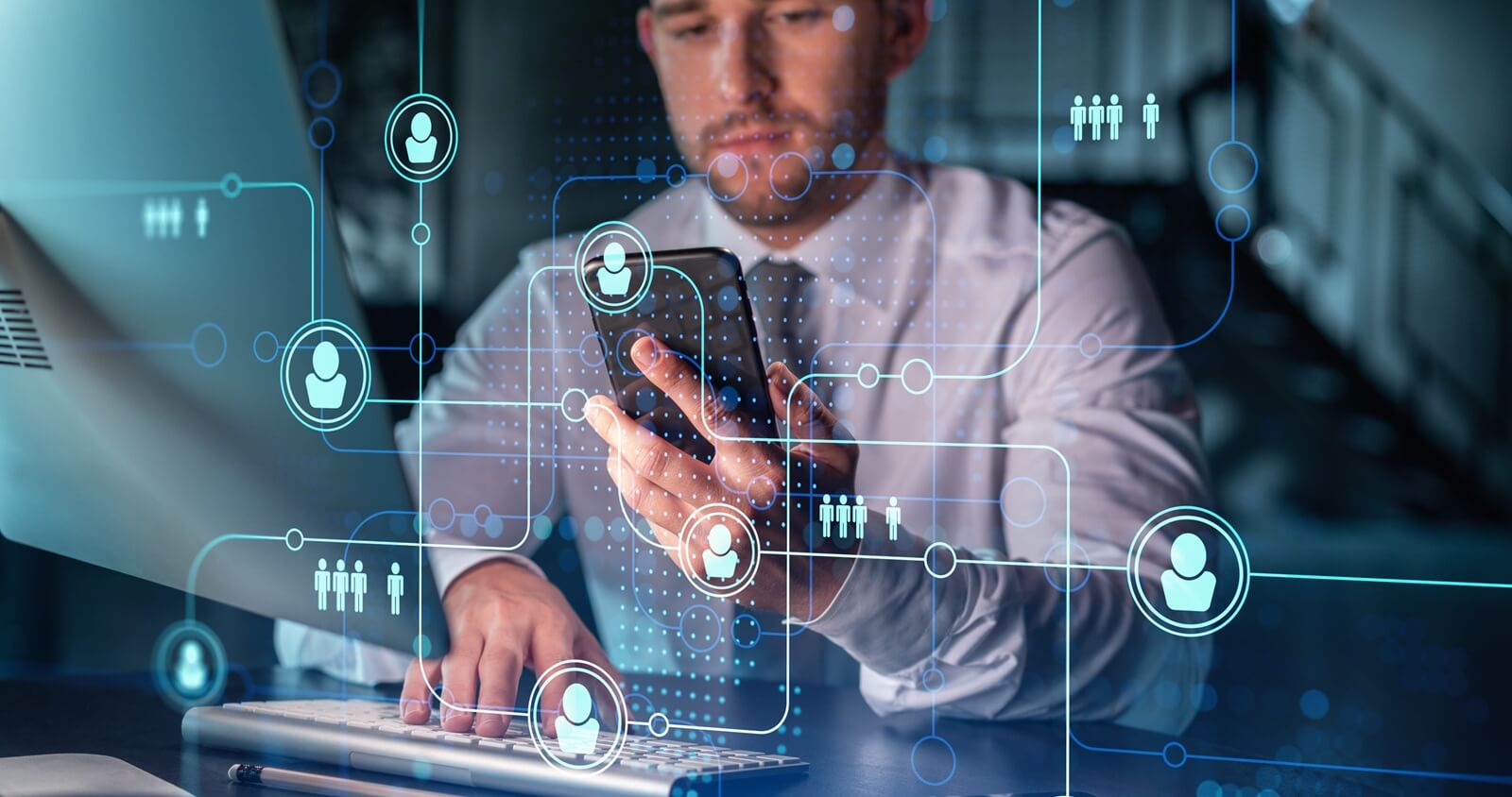 businessman in casual wear using smart phone to check new candidates for international business consulting