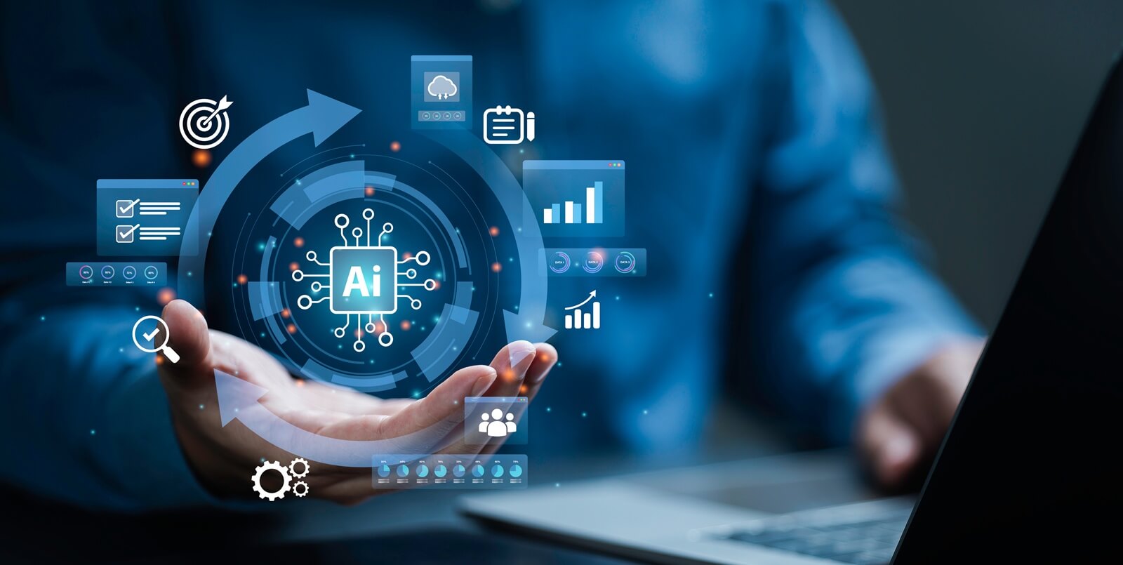 businessman use AI artificial intelligence technology for business automation and data driven workflow optimization of AI system