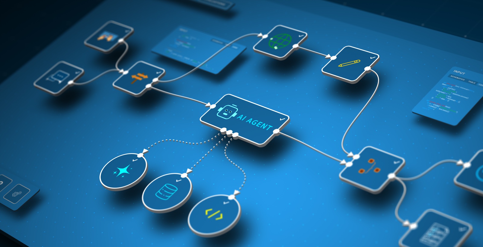 closeup of AI automation workflow with intelligent agent connecting data, code, and tools for seamless process management