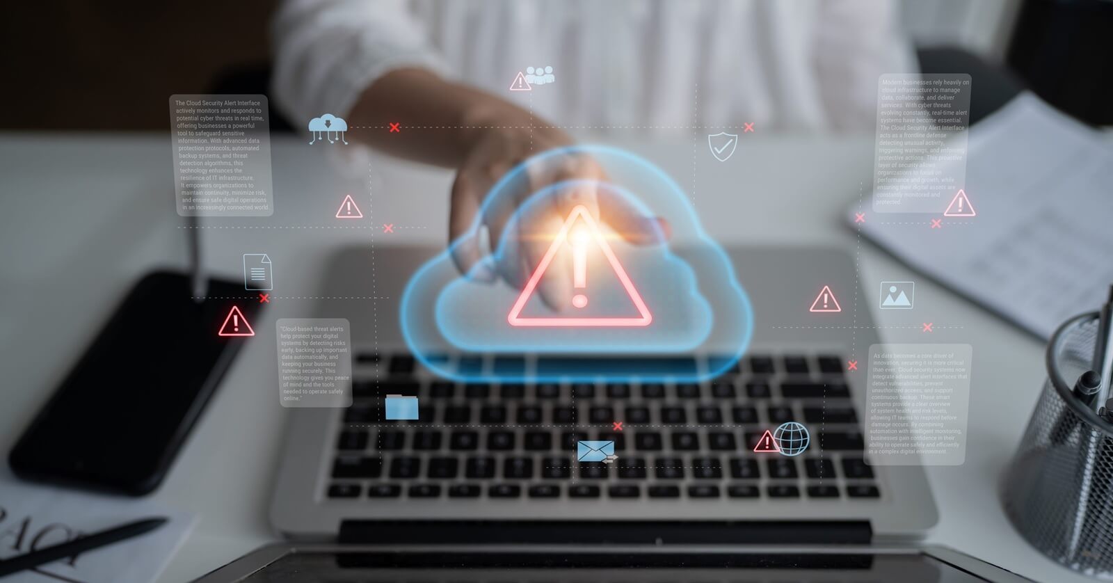 cloud computing with alert icons and security elements, representing real-time threat detection, risk prevention, and digital infrastructure protection