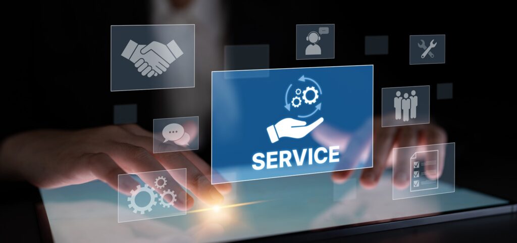 customer service and support workflow with cooperation, communication, maintenance, and checklist icons