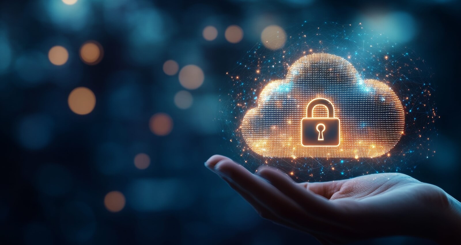 glowing cloud with padlock icon symbolizing data protection on dark blue background