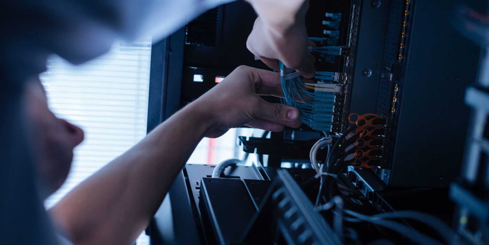 hard working experienced technician working with network cables