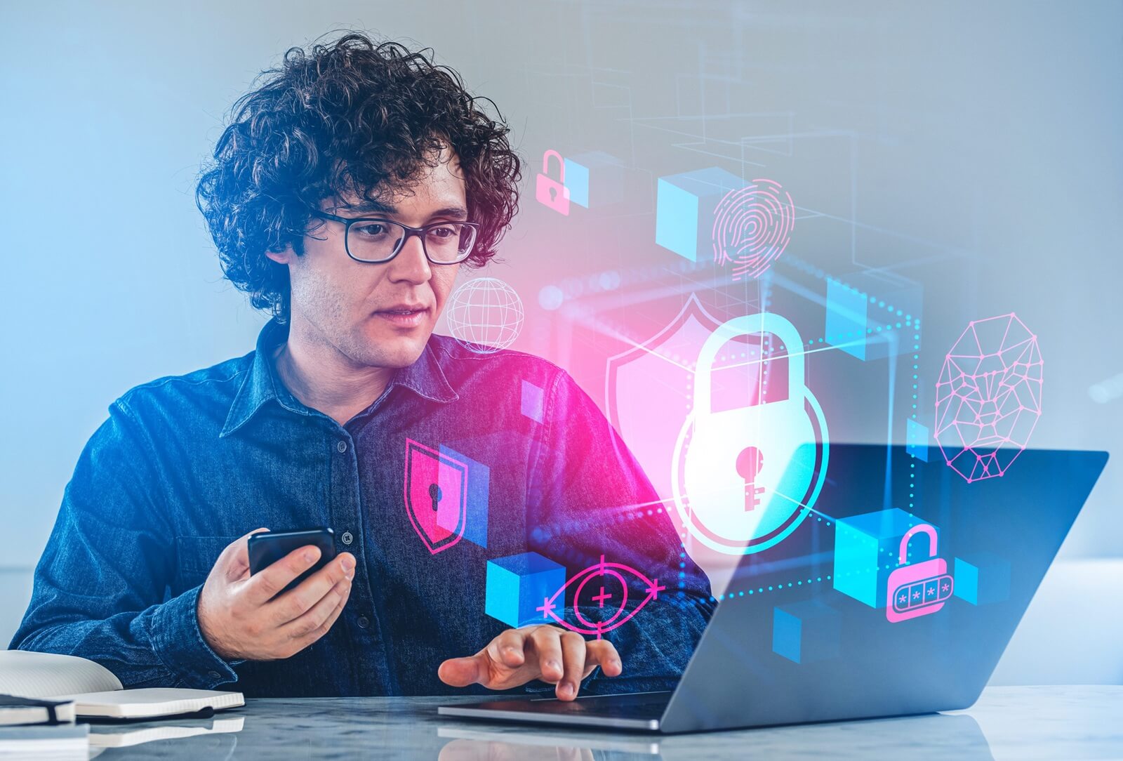man working with computer and phone in hand, digital lock hologram hud, encrypted data in metaverse