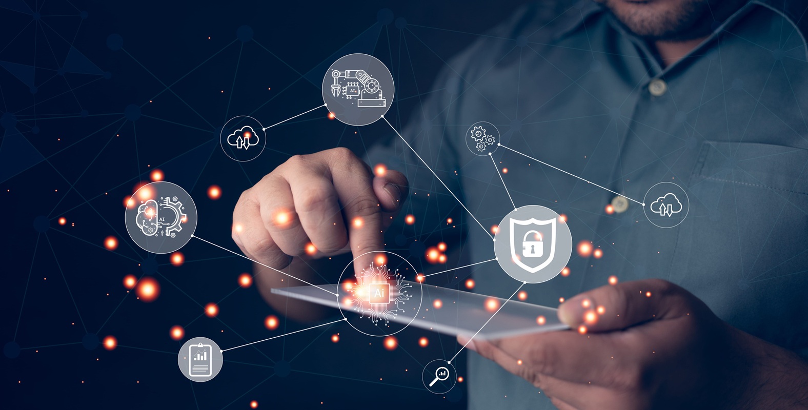 Man working with digital transformation change management and internet of things. Digital transformation change management, big data and process strategy. Cloud computing and technology fingerprint