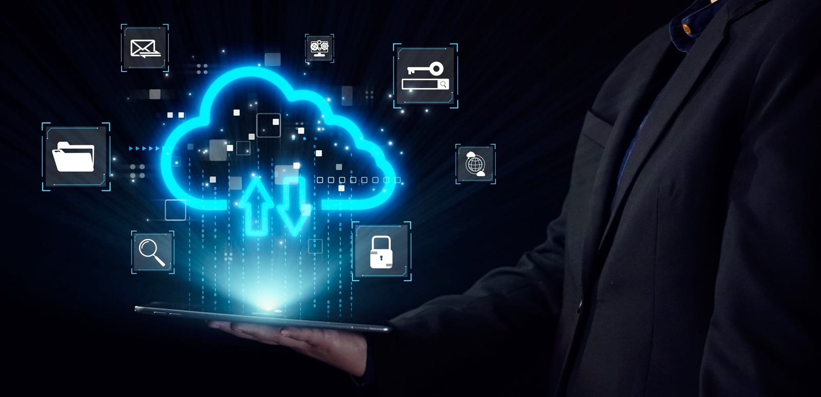 person holding a tablet displays a glowing cloud icon, symbolizing data transfer and storage