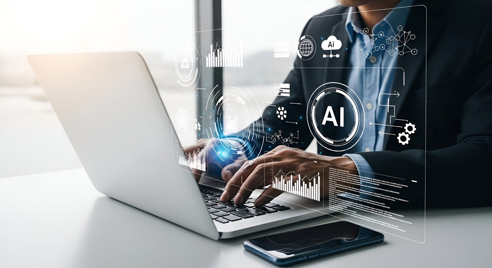 person is using a laptop, with a holographic interface displaying elements related to Artificial Intelligence