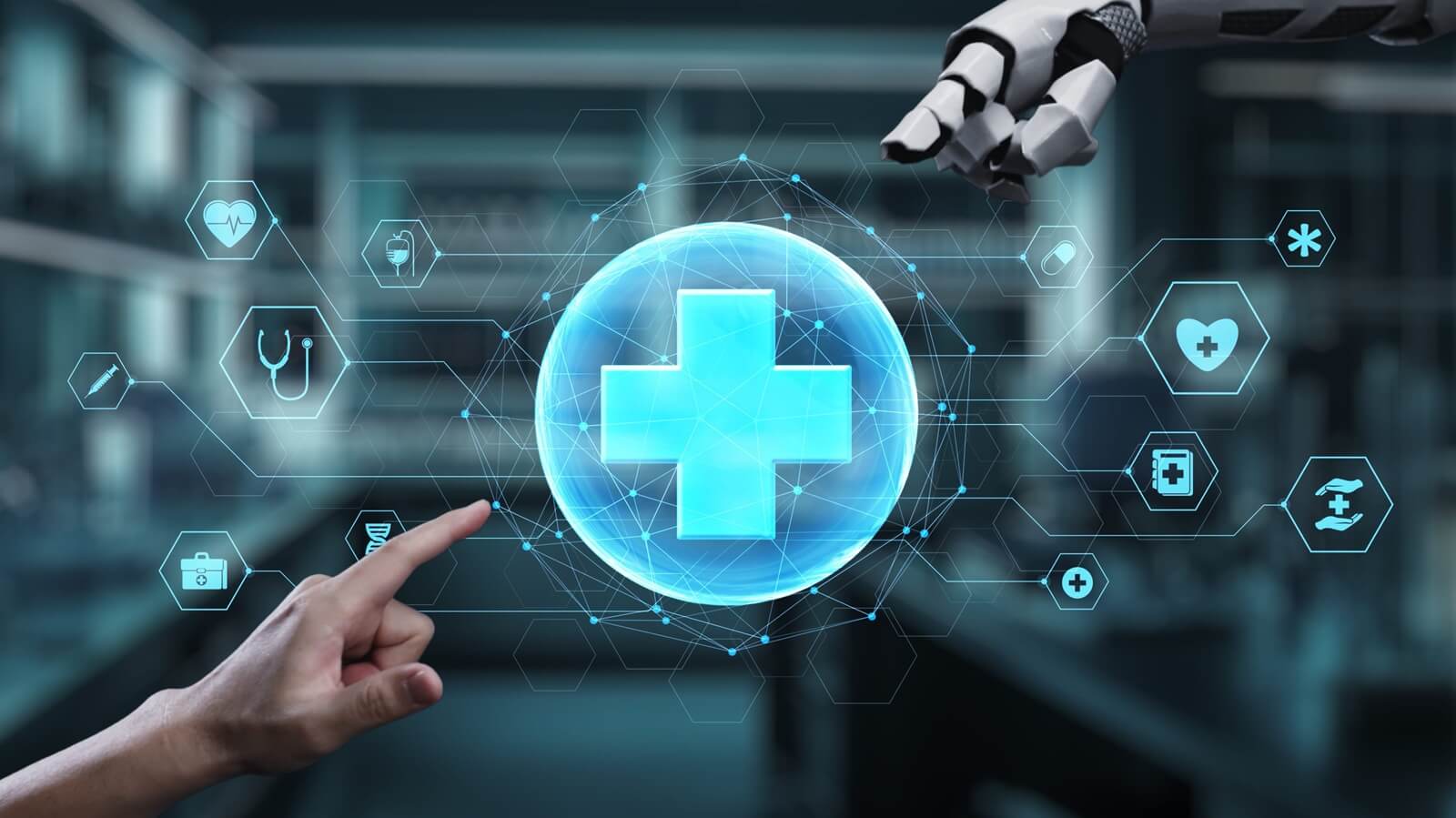 robot and human reaching hand and pointing finger with medical cross icon floating