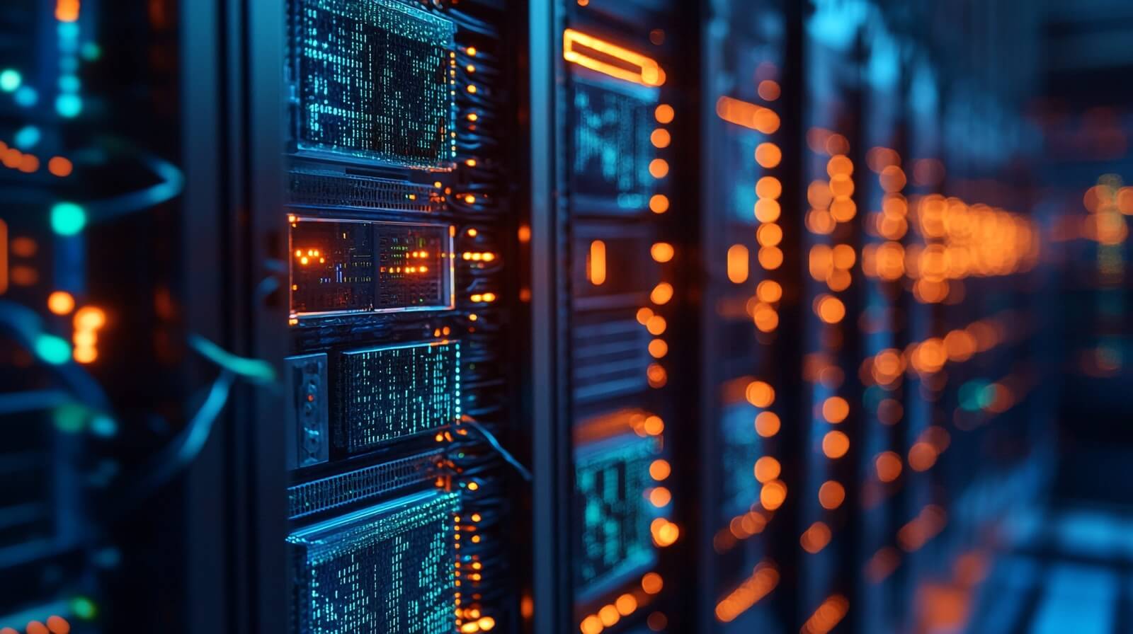 server room data center with racks and rows of storage information